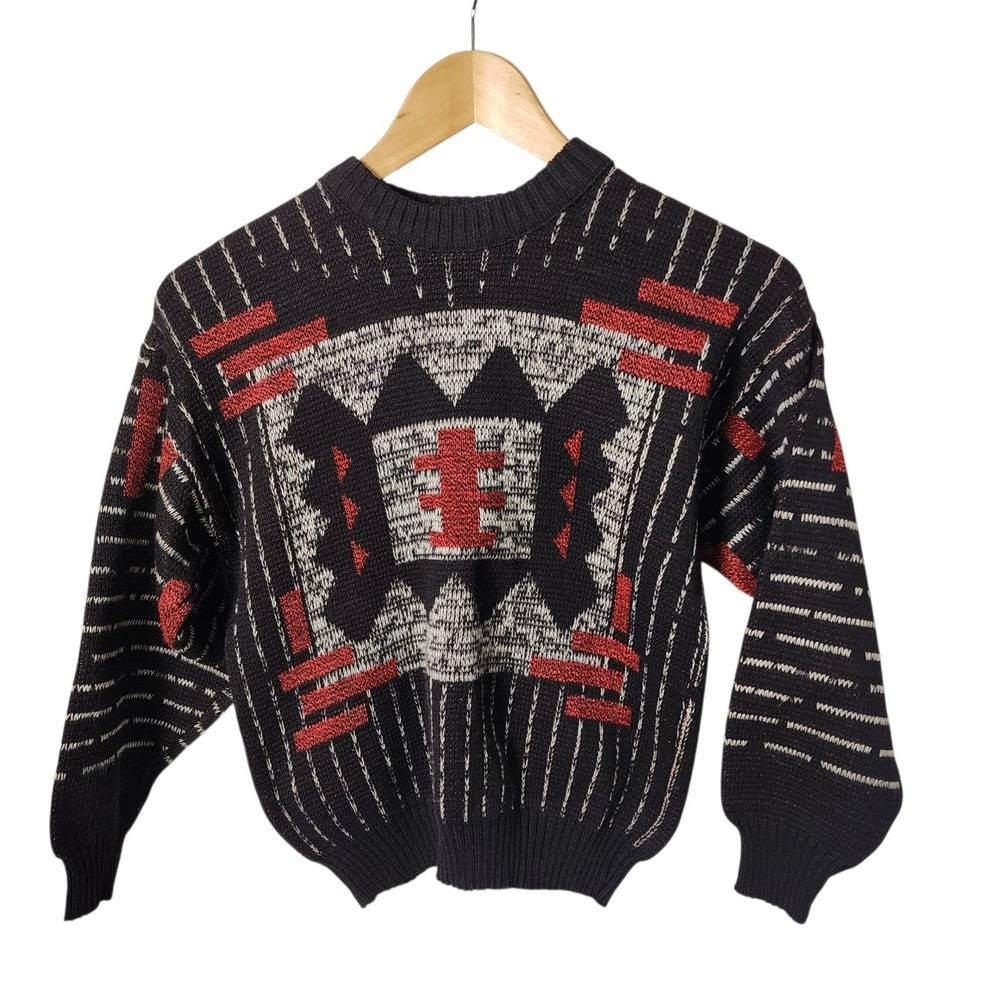 Vintage Brunton Geometric Sweater Kids Boy Size M 10-12 Black Red Home Alone